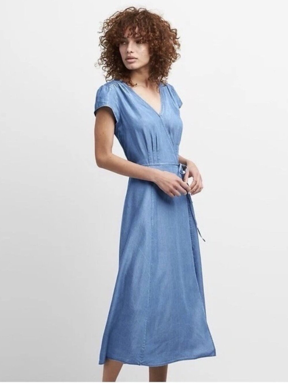 NEW Gap Dress Womens Small Blue Chambray Wrap Midi Tie Waist Casual